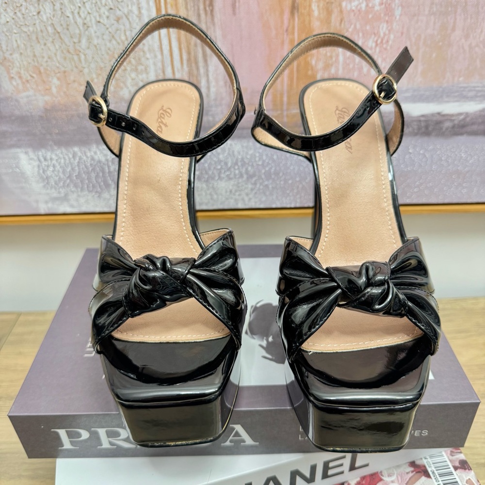 ❤️ NEW 7.5 Black Patent Platform Sandals Heels Chunky Bow Summer Wedding Strappy - Picture 6 of 9